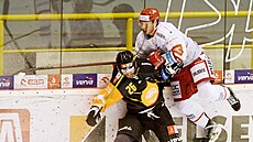 Hokejová extraliga, 48. kolo, Litvínov - Třinec. Viktor Hübl (vlevo) si u...