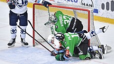 Utkání 49. kola hokejové extraligy: BK Mladá Boleslav - HC koda Plze. Zleva...