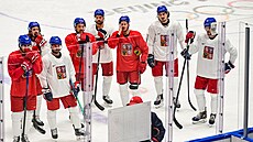 Trénink české hokejové reprezentace na OH v Pekingu 2022. Zleva Matěj Stránský,...