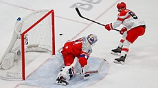 Dán Frans Nielsen (51) vst�elil gól proti �eskému branká�i Simonu Hrubcovi (11)...