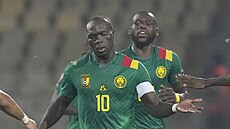 Kamerunský kapitán Vincent Aboubakar se spoluhrá�i b�hem utkání proti Burkin�...