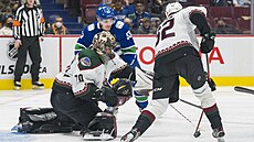 Brankář Karel Vejmelka z Arizony čelí aktivitě Bo Horvata z Vancouveru. Pomáhá...