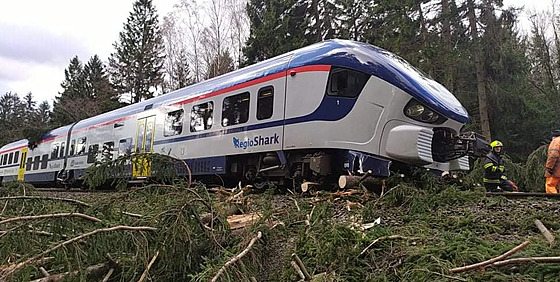 O obce Raná na Hlinecku vykolejil vlak kvli popadaným stromm na koleje.