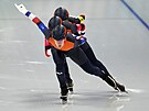 Nizozemské rychlobruslaky vedené Ireen Wüstovou v olympijském závod drustev.