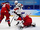 Olympijský turnaj mu v ledním hokeji. eský branká Simon Hrubec (11) sahá po...