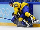 Olympijský turnaj v ledním hokeji. Zápas Finsko - védsko. véd Philip Holm...
