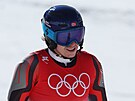 Henrik Kristoffersen po dojezdu prvního kola slalomu v Pekingu.