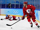Alexander Jelesin a Luká Sedlák bhem hokejového utkání mu Rusko - esko...