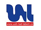 P�vodn� logo �st� nad Labem z roku 2005 zn�zor�ovalo �eky Labe a B�linu.