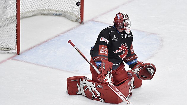 Utkn 44. kola hokejov extraligy: HC Oceli Tinec -  HC Dynamo Pardubice. Pekonan brank Ondej Kacetl z Tince