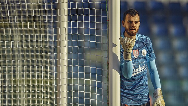 Bud�jovick� brank�� David ��po� �teluje obranu.