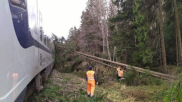 O obce Ran na Hlinecku vykolejil vlak kvli popadanm stromm na koleje. Bhem zsahu spadly na vlak dal stromy.