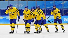 �véd�tí hokejisté se radují ze vst�elené branky.