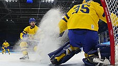 Olympijský turnaj v ledním hokeji. Zápas Finsko - védsko. védský branká...
