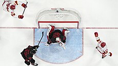 Olympijský turnaj v ledním hokeji. Kanada - ína. Cory Kane sniuje. (15. února...