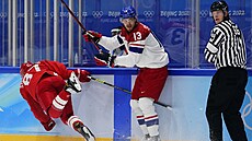 Ruský hokejista Vadim Šipačov při nájezdu do mantinelu (12. února 2022)