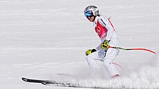 Ester Ledecká v cíli sjezdu na zimních olympijských hrách v Pekingu.