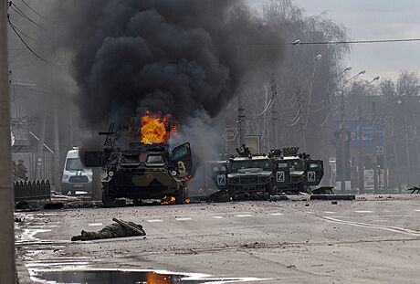 Zniená technika ruské armády po bojích v Charkov (27. února 2022)