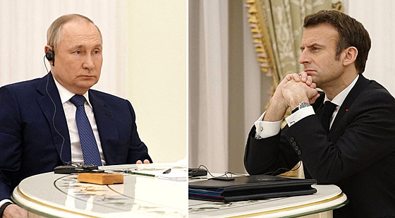 Ruský prezident Vladimir Putin a jeho francouzský Emmanuel Macron na jednání v...