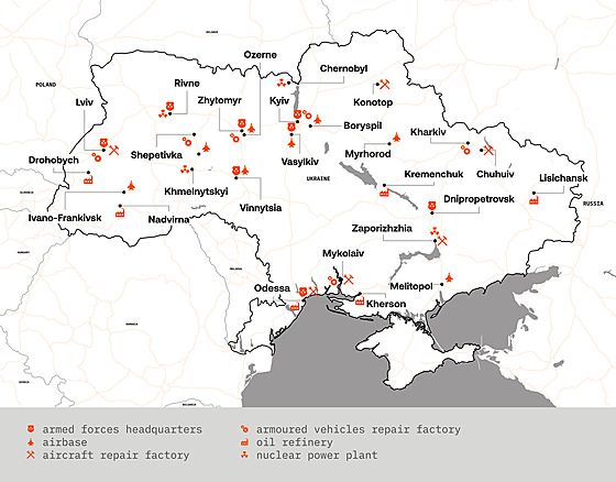 Mapa moných cíl ruských vojsk na Ukrajin sestavená estonskou rozvdkou podle...