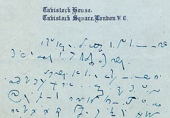 Dopis psaný Dickensovým tsnopisem na hlavikovém papíe Tavistock House