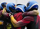 Nmecký tybob se slaví vítzství v olympijském závod v Pekingu. (20. února...