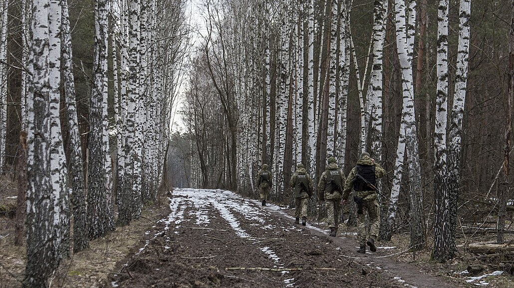 Ukrajintí vojáci hlídkují poblí frontové linie v Donbasu (22. února 2022) 