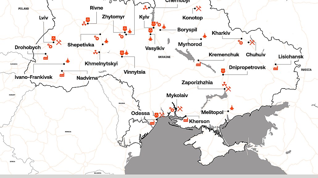 Mapa moných cíl ruských vojsk na Ukrajin sestavená estonskou rozvdkou podle...