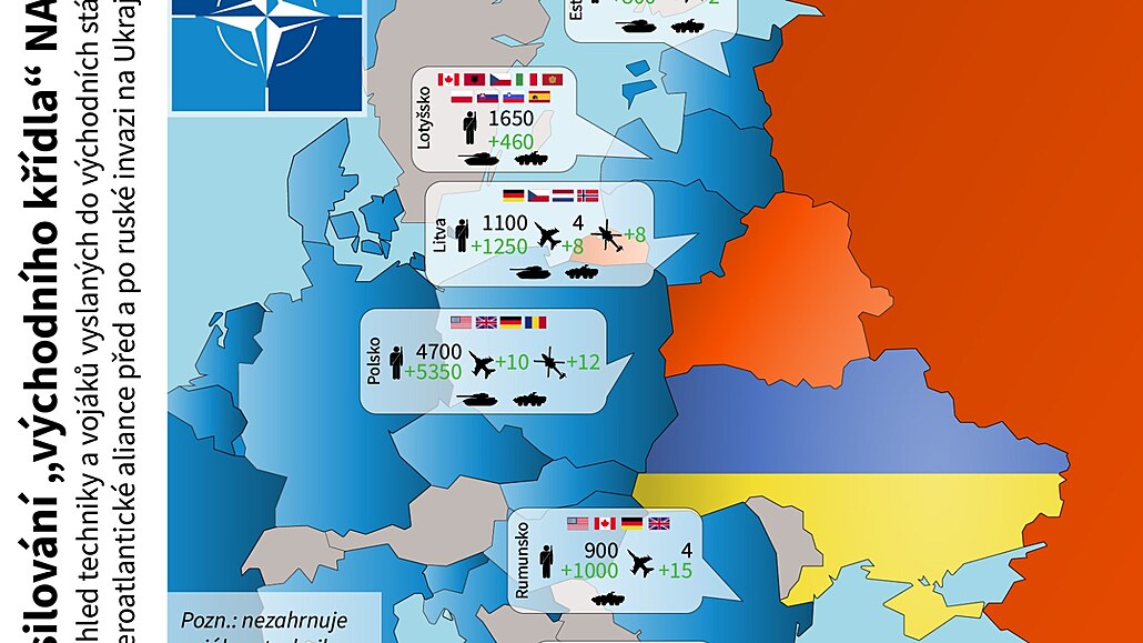 Mapa posilování východního křídla NATO do 26. února 2022
