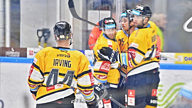 55. kolo hokejov extraligy: HC Kometa Brno - HC Verva Litvnov. Hokejist z Litvnova se raduj z golu.