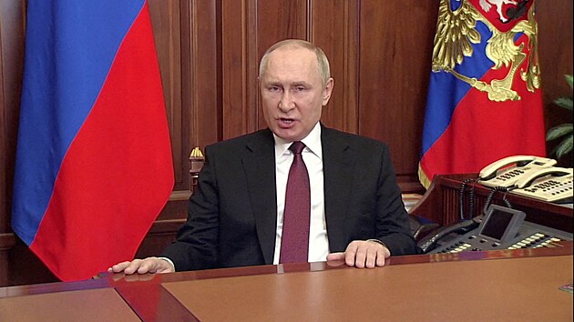 Ruský prezident Vladimir Putin při projevu, ve kterém oznámil zahájení vojenské operace na Ukrajině.(24. února 2022).