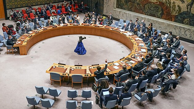 Jednn Rady bezpenosti OSN, na kterm Rusko vetovalo nvrh rezoluce odsuzujc invazi rusk armdy na Ukrajinu. na, Indie a Spojen Arabsk Emirty se hlasovn zdrely. (25. nora 2022)