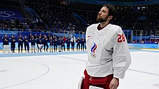 Zklamaný ruský brankář Ivan Fedotov po porážce v olympijském finále hokejového...