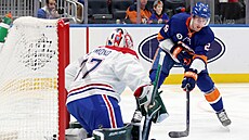 Brock Nelson z New York Islanders neuspl, montrealský Andrew Hammond jeho...