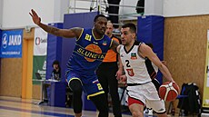 Nikola Peakovi (vpravo) z Hradce Králové útoí na ko Ústí, brání ho Delvon...