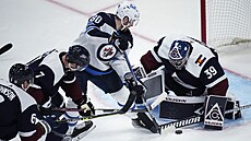 Branká� Colorada Pavel Francouz v akci b�hem duelu s Winnipegem.