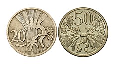 eskoslovensko má své první mince, dvaceti a padesátihalée