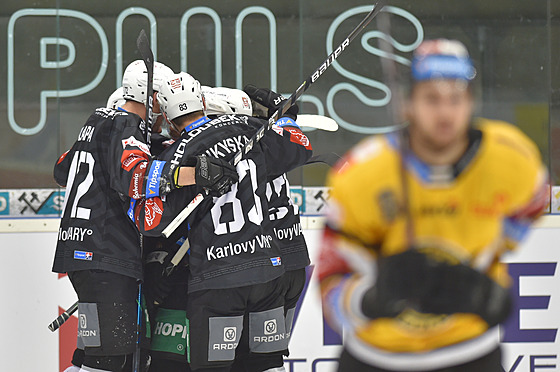 Hokejisté Karlových Var slaví branku proti Litvínovu.