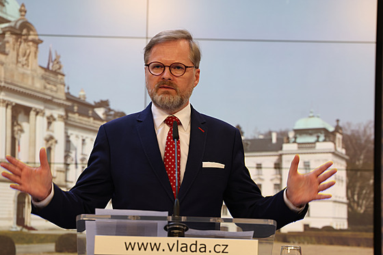 Premiér Petr Fiala hovoí na tiskové konferenci po jednání vlády. (9. bezna...