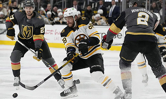 David Pastr�ák (uprost�ed) z Bostonu se sna�í prosadit mezi hrá�i Vegas.