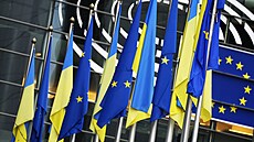 Vlajky Ukrajiny a Evropské unie před budovou Evropského parlamentu v Bruselu...