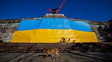 Ukrajinská vlajka pod nkdejím pomníkem sovtského diktátora Stalina na...