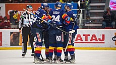 Českobudějovičtí hokejisté se radují z branky proti Liberci.