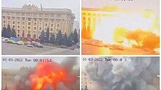 Kombinované fotky ze zábr raketového zásahu vládní budovy v ukrajinském...