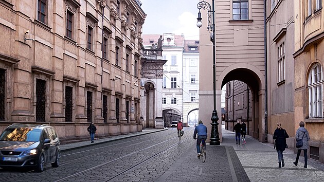 Budouc podoba Kiovnick ulice v Praze 1, pibyde napklad nov cyklopruh.