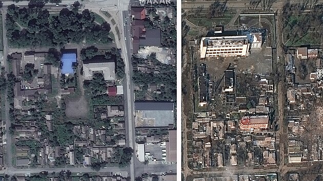Kombinace satelitnch snmk budov a dom msta Mariupol ped a po rusk invazi. (nor 2022 vs. 9. bezen 2022)