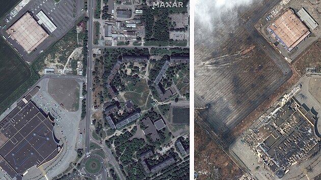 Kombinace satelitnch snmk msta Mariupol ped a po rusk invazi. Budovy obchodnho centra. (nor 2022 vs. 9. bezen 2022)
