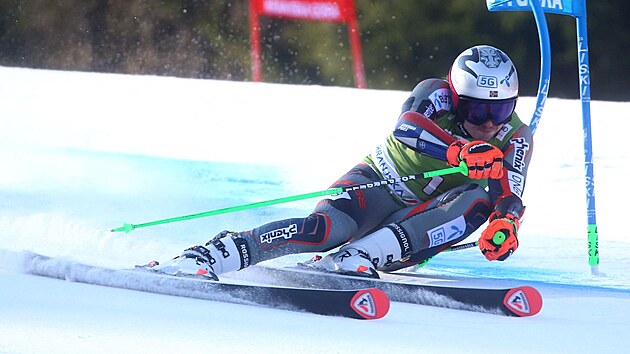 Henrik Kristoffersen na trati obho slalomu v Kranjsk Goe