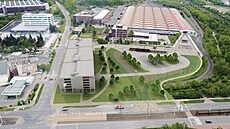 Budoucí podoba Depa Hostiva� s parkovacím domem a tramvajovou smy�kou.