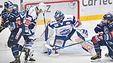 Brnnský gólman Matej Tomek zasahuje v utkání na led Liberce.